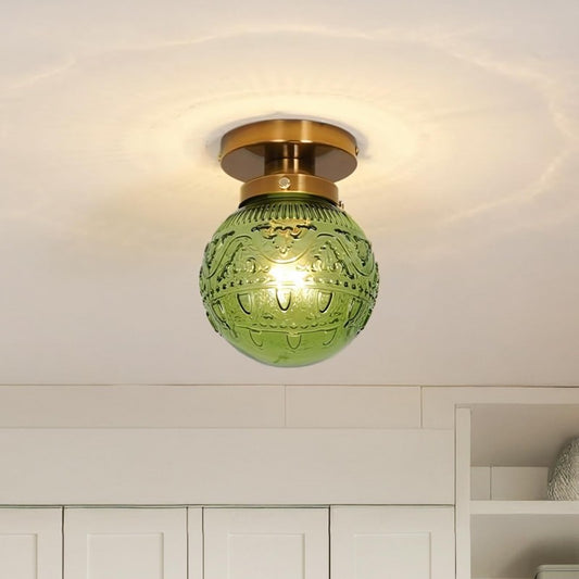 Vintage Brass Flush Mount Ceiling Light with Green Embossed Glass Globe