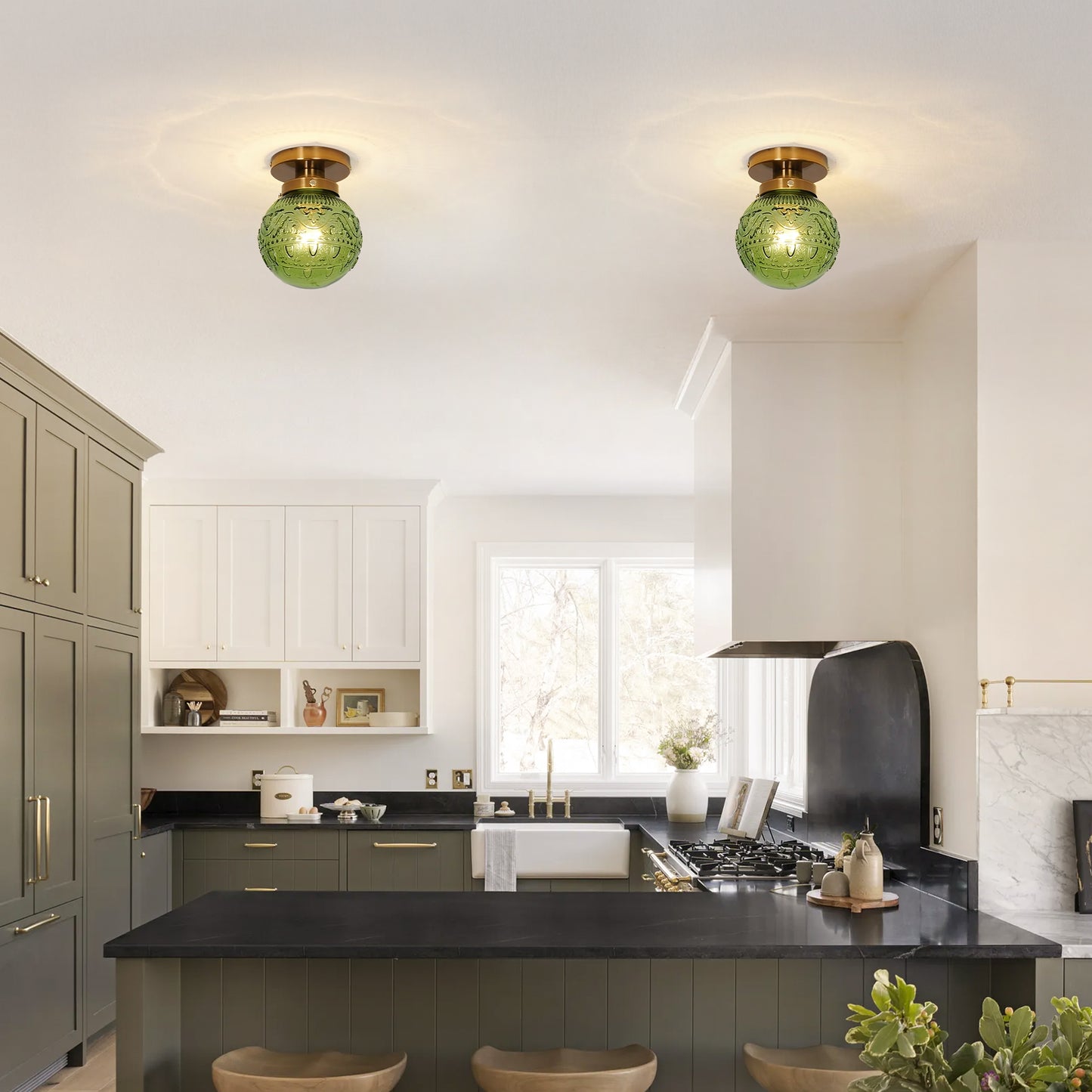 Vintage Brass Flush Mount Ceiling Light with Green Embossed Glass Globe