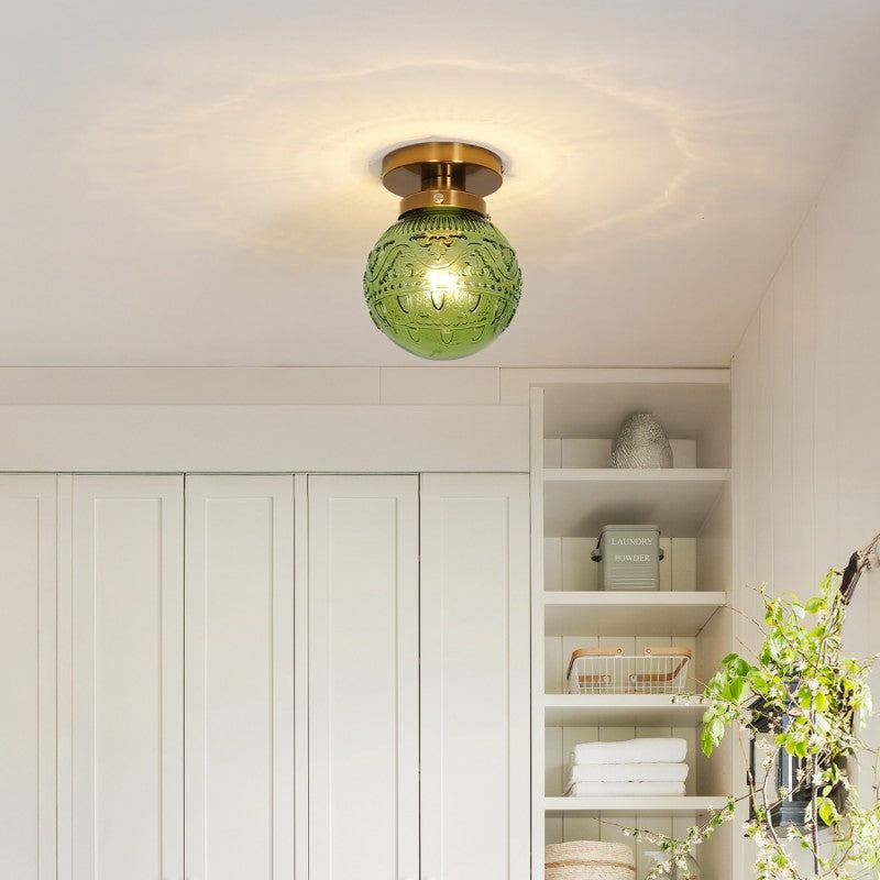 Vintage Brass Flush Mount Ceiling Light with Green Embossed Glass Globe