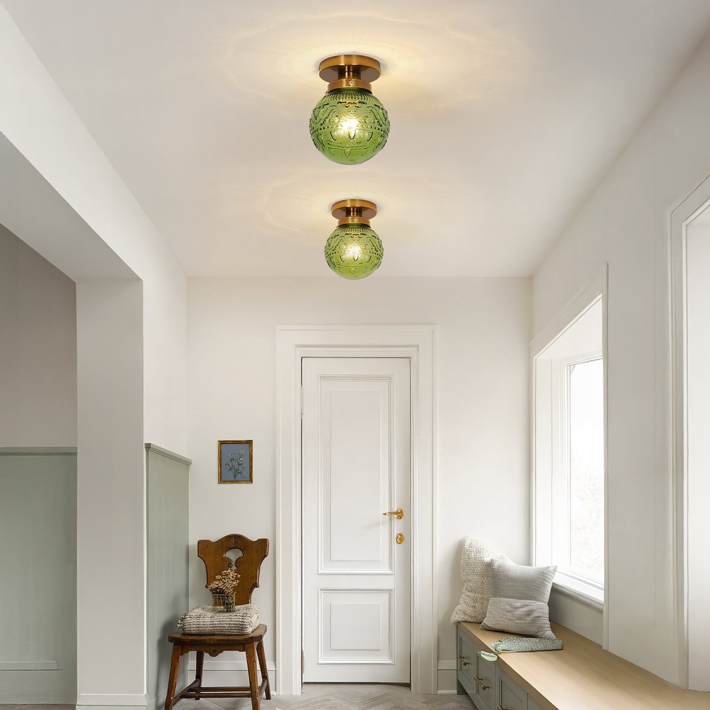 Vintage Brass Flush Mount Ceiling Light with Green Embossed Glass Globe