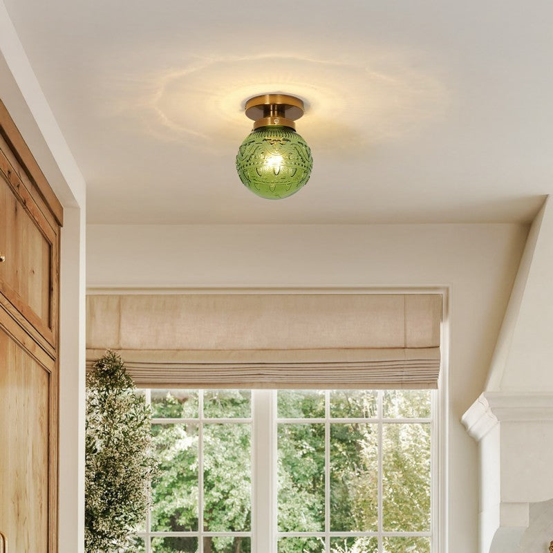 Vintage Brass Flush Mount Ceiling Light with Green Embossed Glass Globe