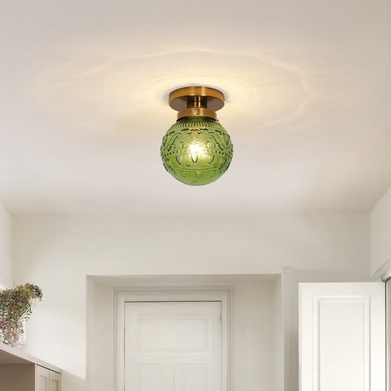 Vintage Brass Flush Mount Ceiling Light with Green Embossed Glass Globe