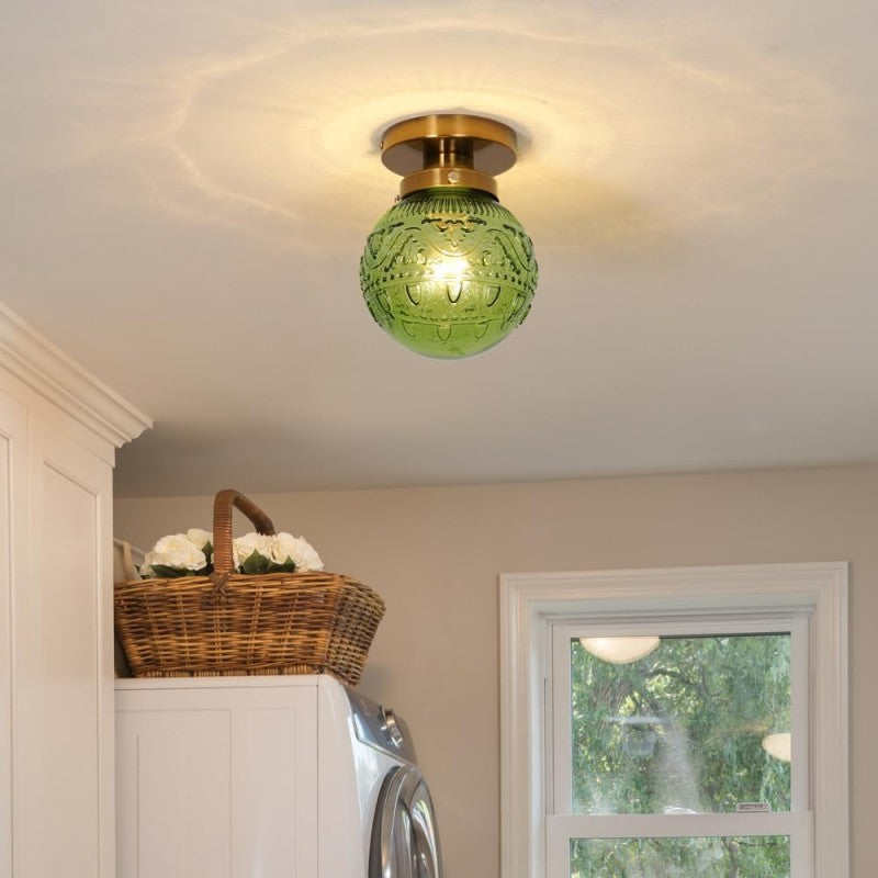 Vintage Brass Flush Mount Ceiling Light with Green Embossed Glass Globe