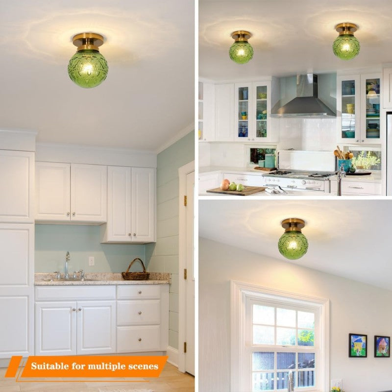 Vintage Brass Flush Mount Ceiling Light with Green Embossed Glass Globe