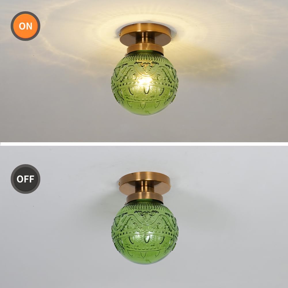 Vintage Brass Flush Mount Ceiling Light with Green Embossed Glass Globe