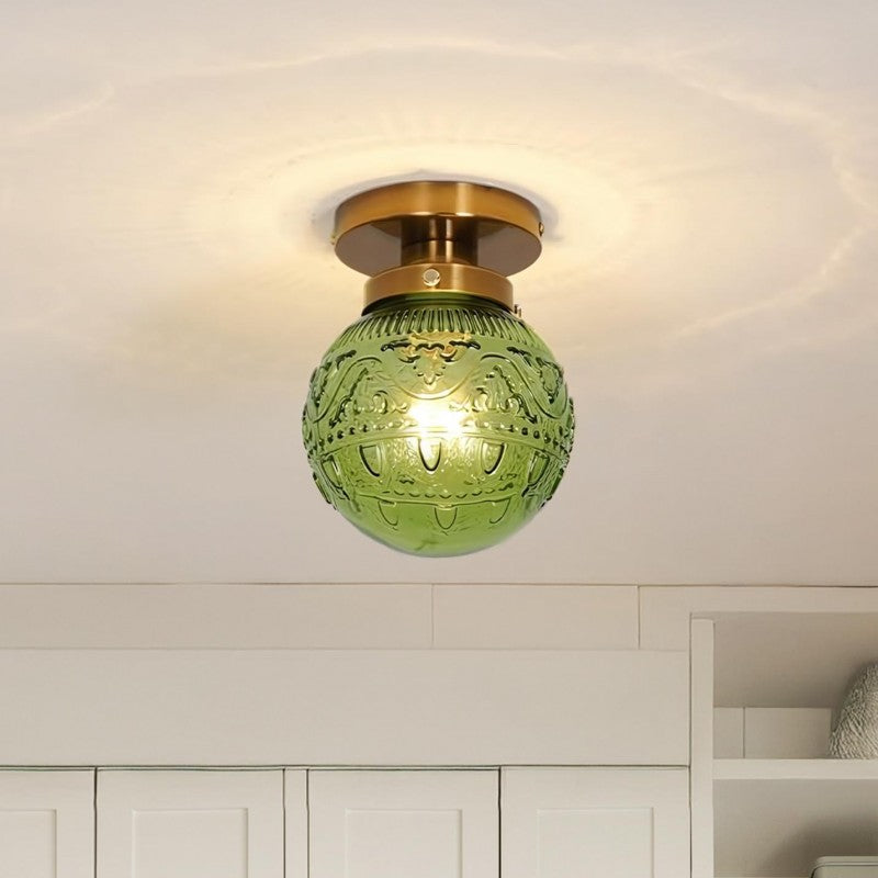 Vintage Brass Flush Mount Ceiling Light with Green Embossed Glass Globe