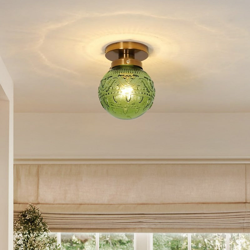 Vintage Brass Flush Mount Ceiling Light with Green Embossed Glass Globe