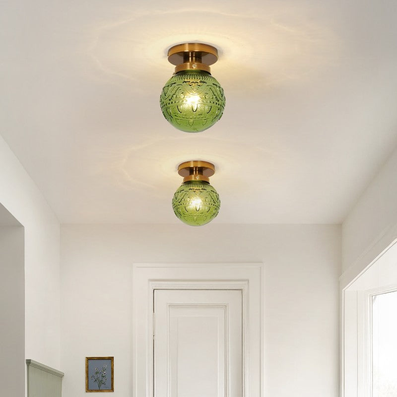 Vintage Brass Flush Mount Ceiling Light with Green Embossed Glass Globe