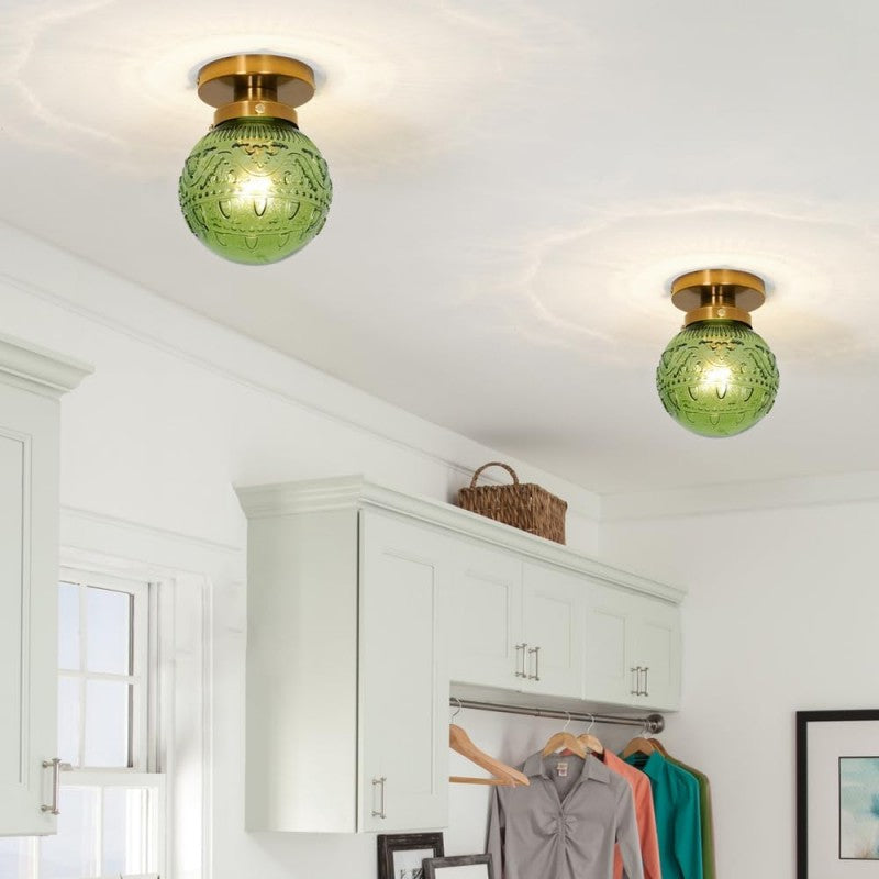 Vintage Brass Flush Mount Ceiling Light with Green Embossed Glass Globe
