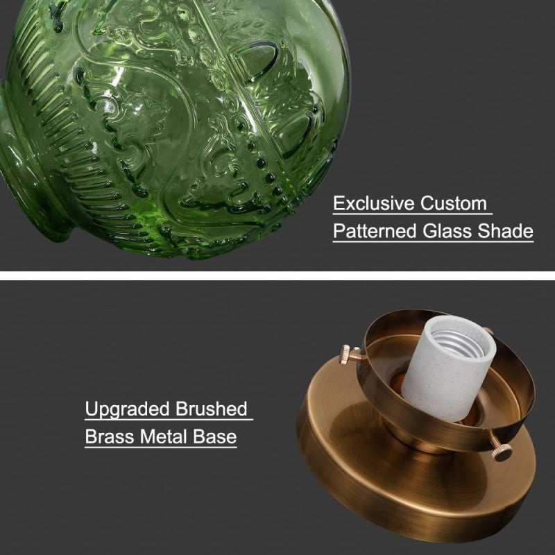 Vintage Brass Flush Mount Ceiling Light with Green Embossed Glass Globe