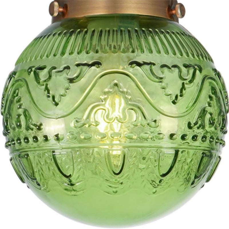 Vintage Brass Flush Mount Ceiling Light with Green Embossed Glass Globe