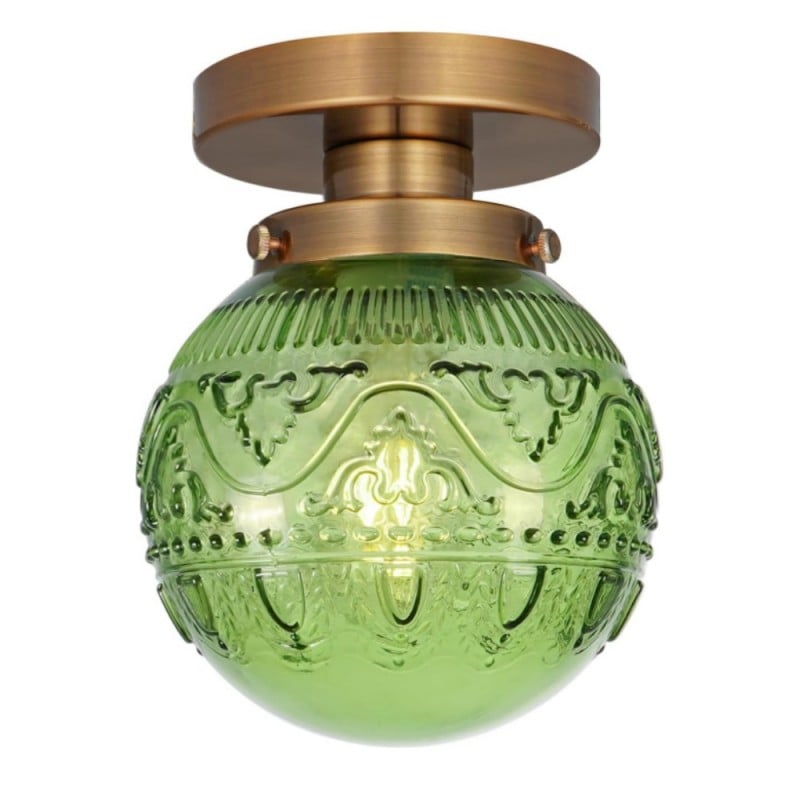 Vintage Brass Flush Mount Ceiling Light with Green Embossed Glass Globe