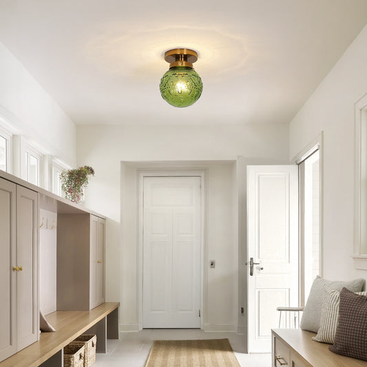 Vintage Brass Flush Mount Ceiling Light with Green Embossed Glass Globe