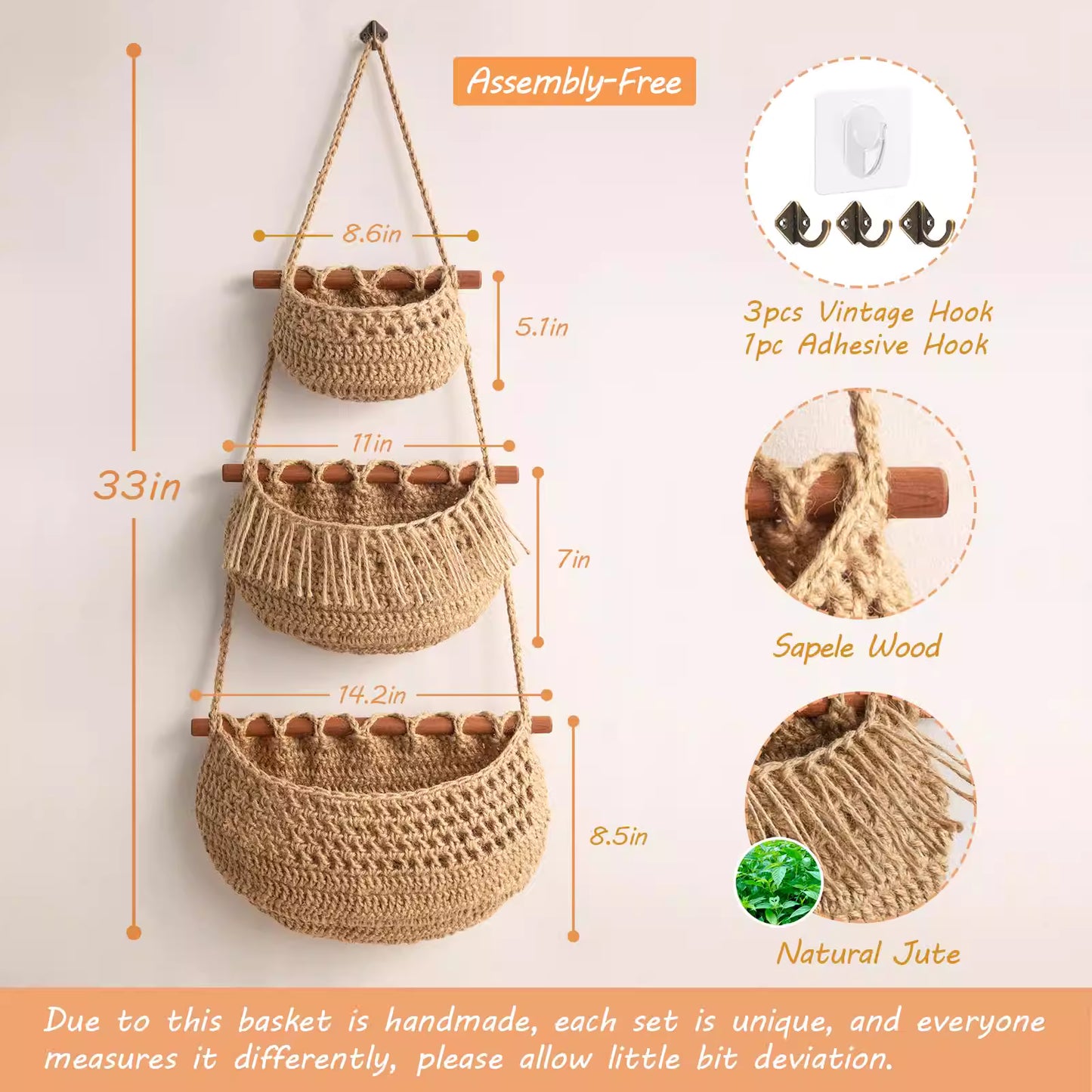 3 Tier Woven Jute Wall Hanging Basket For Organizing, Hanging Produce Basket For Fruit & Vegetable Storage, Boho Kitchen Decor