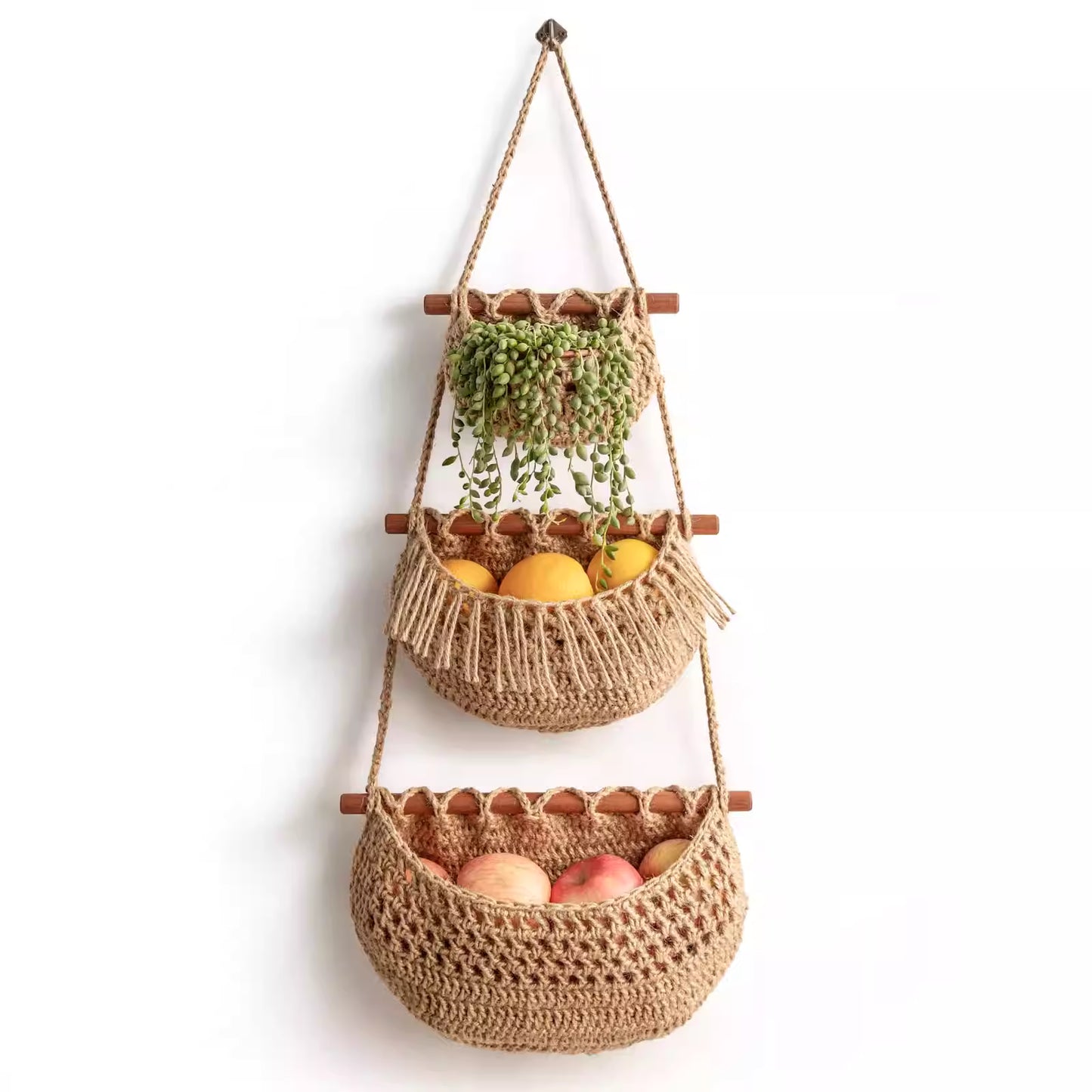 3 Tier Woven Jute Wall Hanging Basket For Organizing, Hanging Produce Basket For Fruit & Vegetable Storage, Boho Kitchen Decor