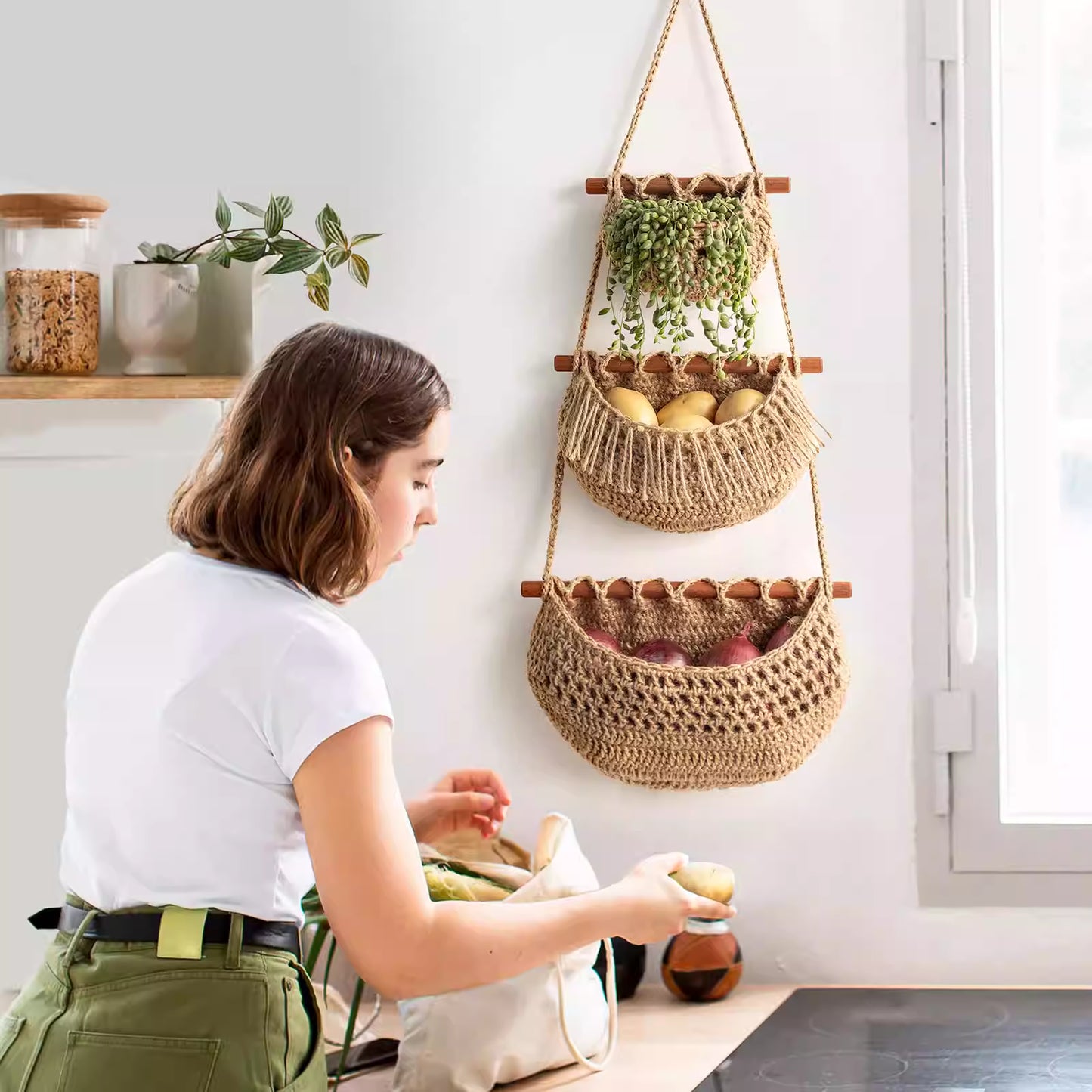 3 Tier Woven Jute Wall Hanging Basket For Organizing, Hanging Produce Basket For Fruit & Vegetable Storage, Boho Kitchen Decor