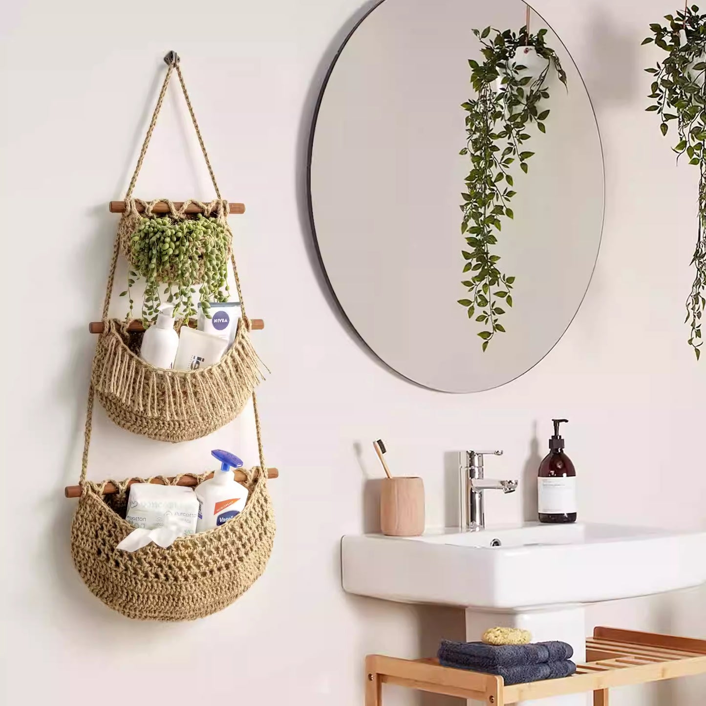 3 Tier Woven Jute Wall Hanging Basket For Organizing, Hanging Produce Basket For Fruit & Vegetable Storage, Boho Kitchen Decor