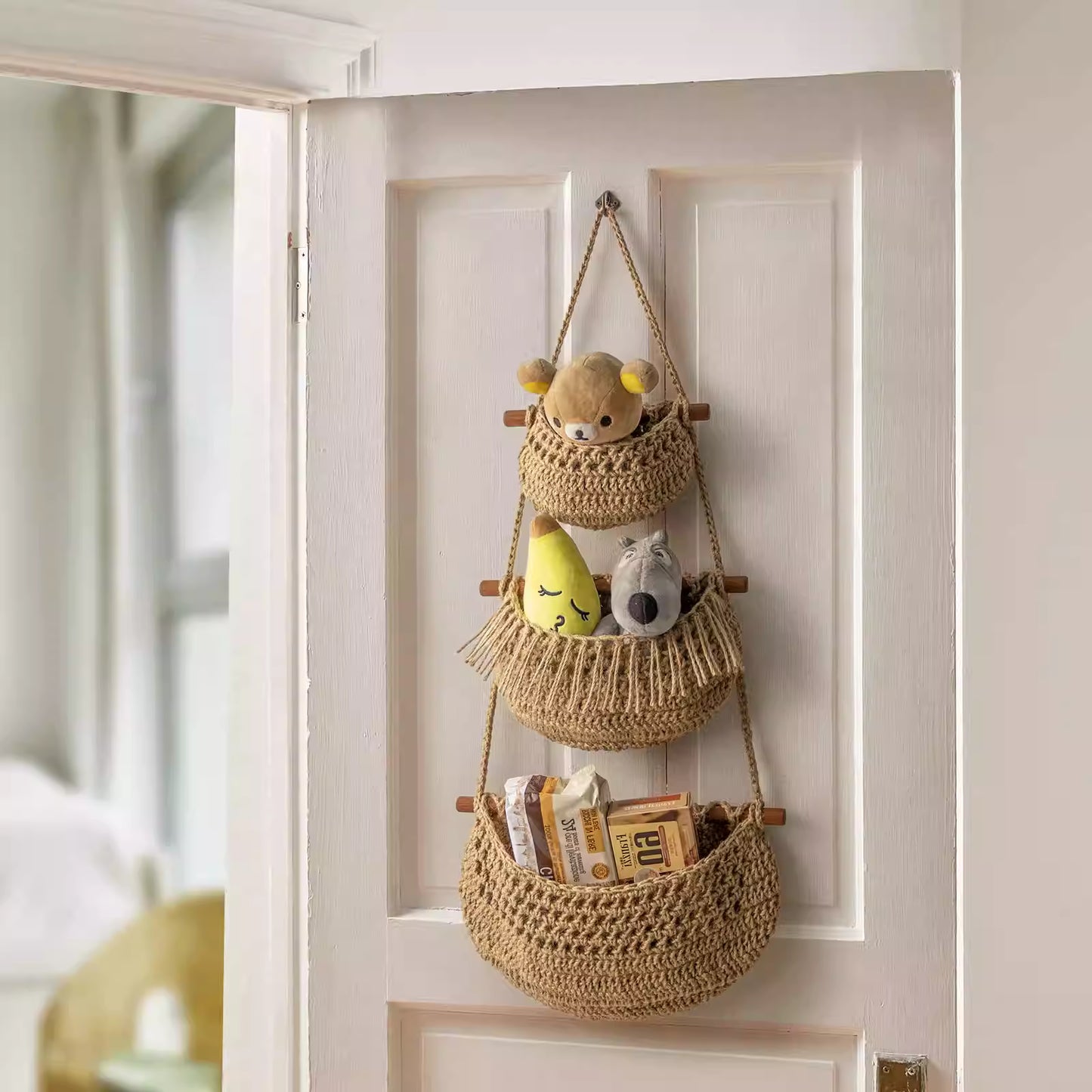 3 Tier Woven Jute Wall Hanging Basket For Organizing, Hanging Produce Basket For Fruit & Vegetable Storage, Boho Kitchen Decor