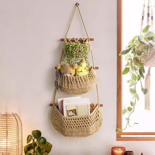 3 Tier Woven Jute Wall Hanging Basket For Organizing, Hanging Produce Basket For Fruit & Vegetable Storage, Boho Kitchen Decor